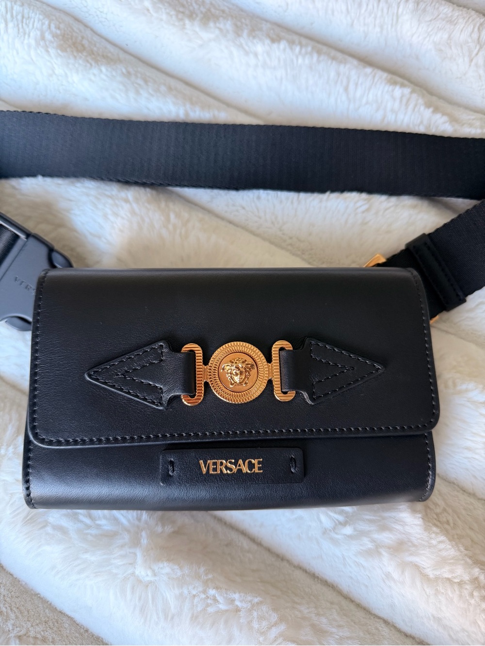 Versace Black Leather Crossbody Bag with Gold Medallion